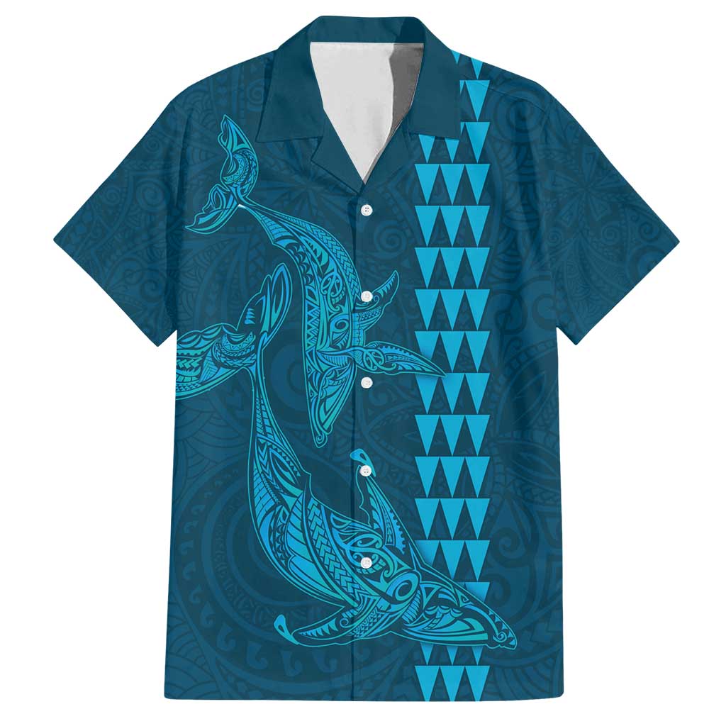Aloha Hawaii Whale Kakau and Polynesian Tattoo Family Matching Tank Maxi Dress and Hawaiian Shirt Light Blue Color