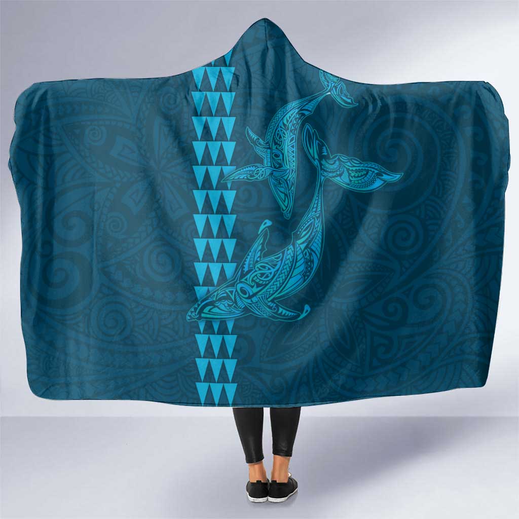 Aloha Hawaii Whale Kakau and Polynesian Tattoo Hooded Blanket Light Blue Color