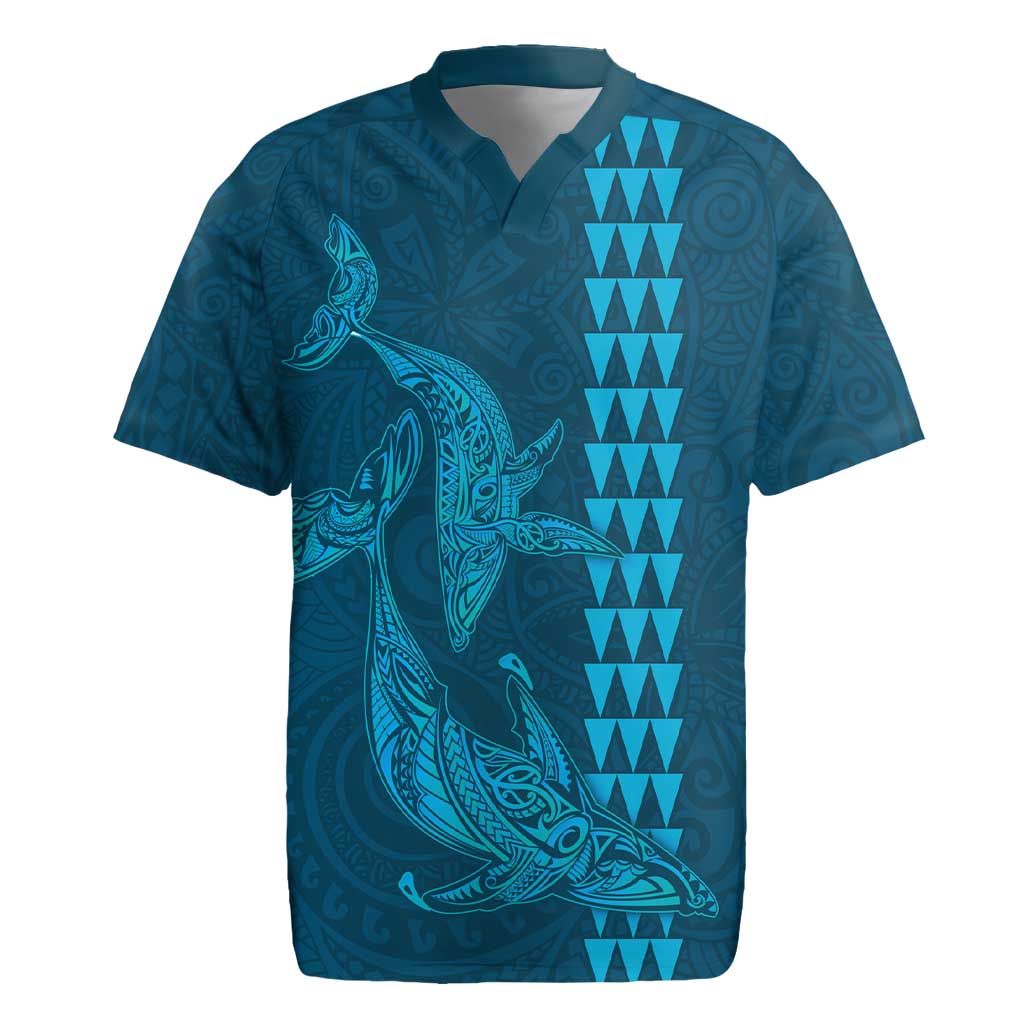 Aloha Hawaii Whale Kakau and Polynesian Tattoo Rugby Jersey Light Blue Color