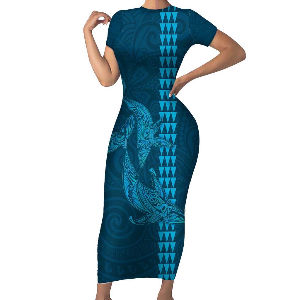 Aloha Hawaii Whale Kakau and Polynesian Tattoo Short Sleeve Bodycon Dress Light Blue Color