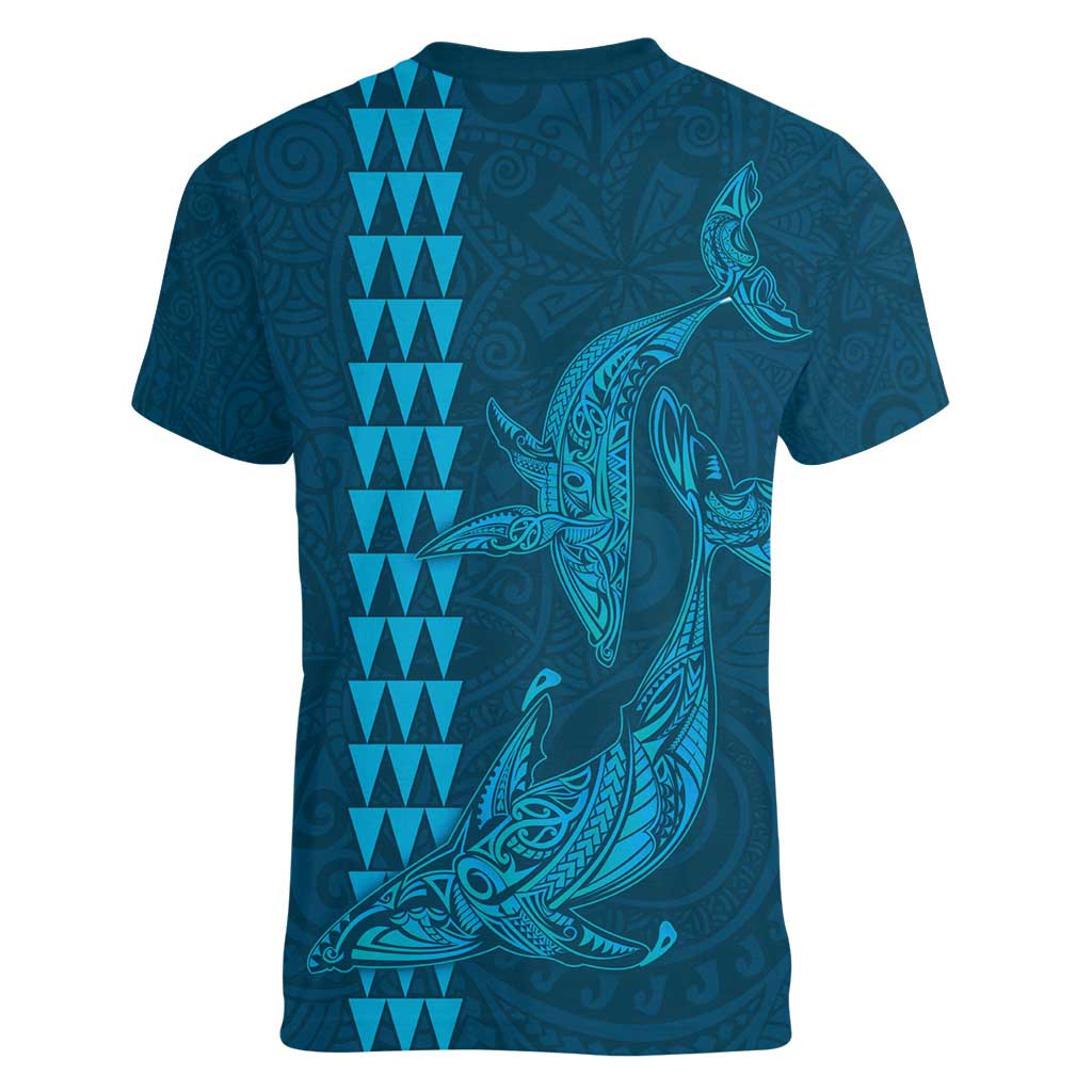Aloha Hawaii Whale Kakau and Polynesian Tattoo Women V-Neck T-Shirt Light Blue Color LT03 - Polynesian Pride