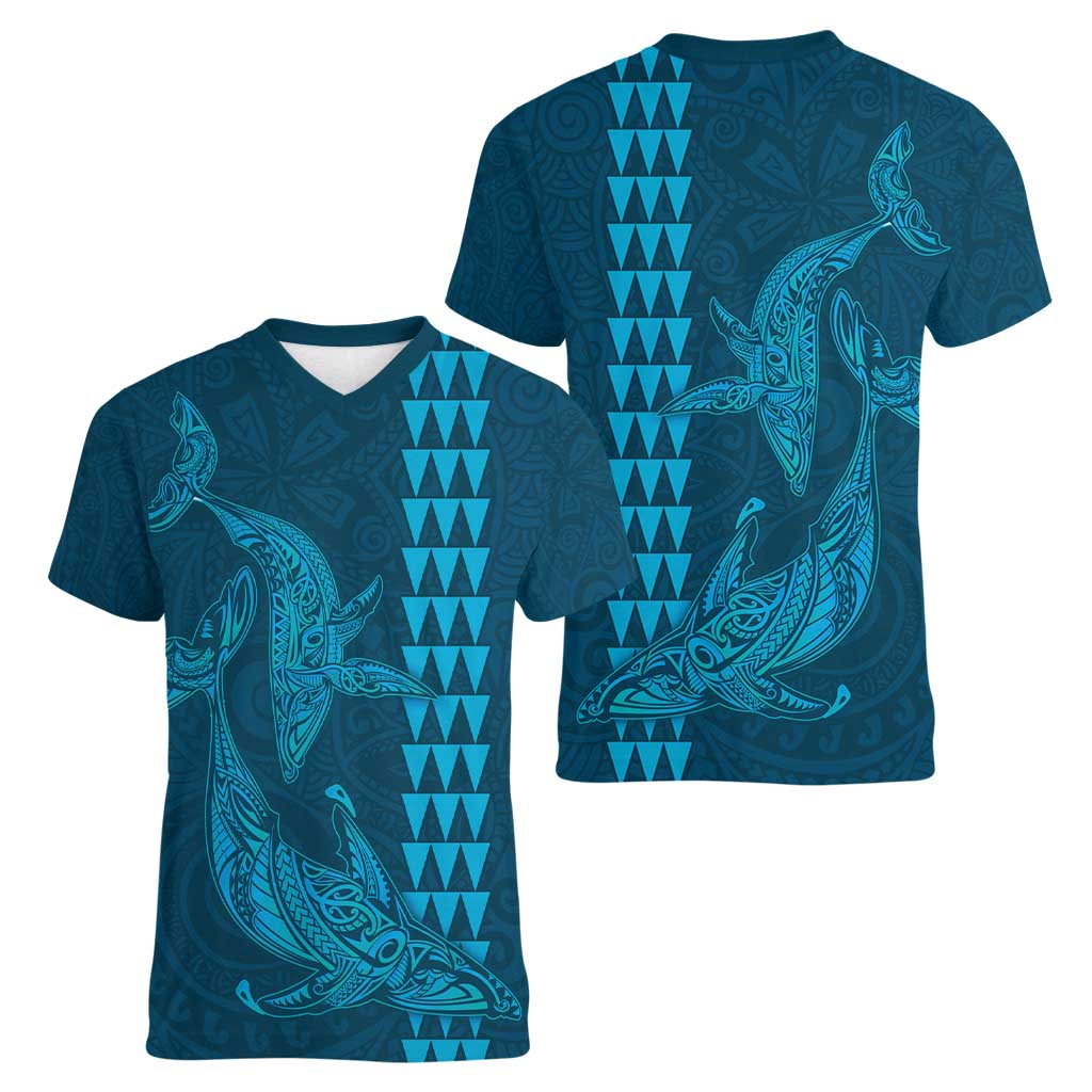 Aloha Hawaii Whale Kakau and Polynesian Tattoo Women V-Neck T-Shirt Light Blue Color LT03 - Polynesian Pride