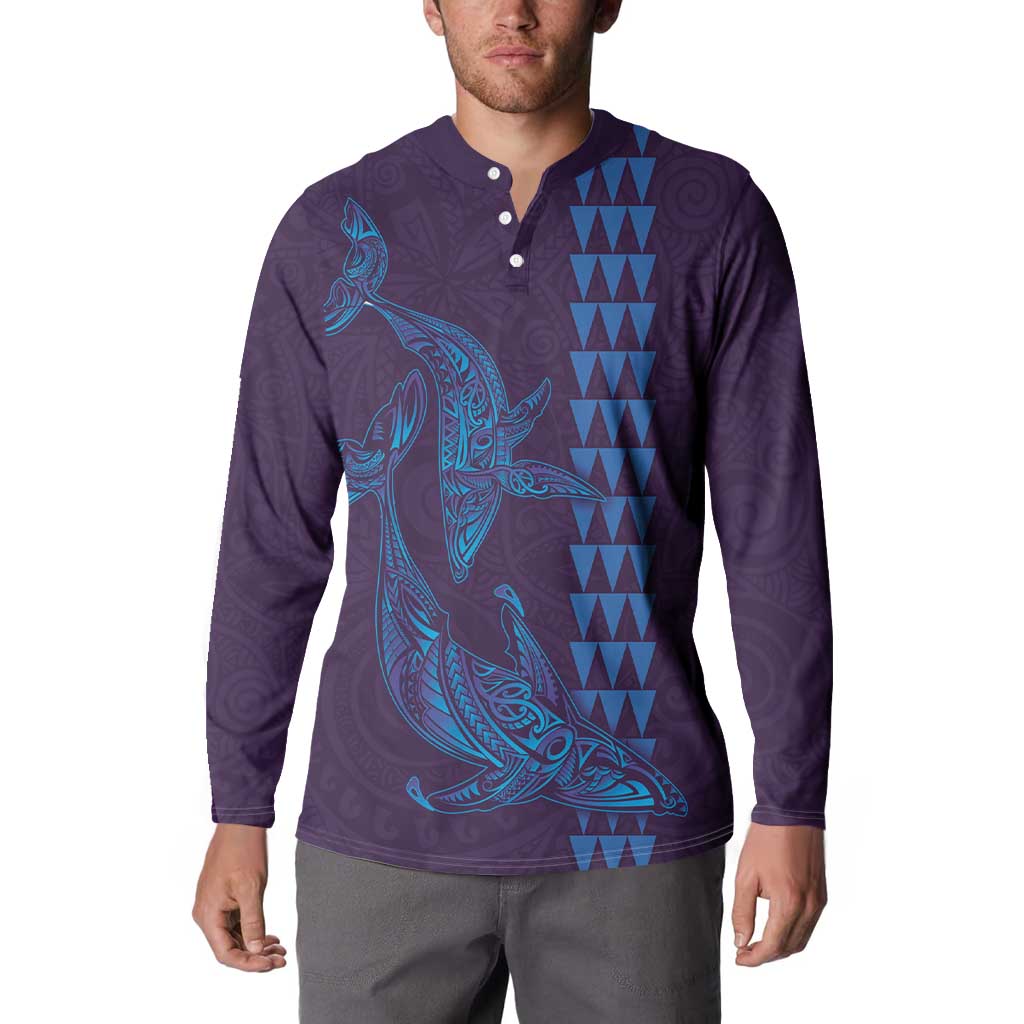 Aloha Hawaii Whale Kakau and Polynesian Tattoo Button Sweatshirt Purple Color