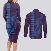 Aloha Hawaii Whale Kakau and Polynesian Tattoo Couples Matching Long Sleeve Bodycon Dress and Long Sleeve Button Shirt Purple Color LT03 - Polynesian Pride