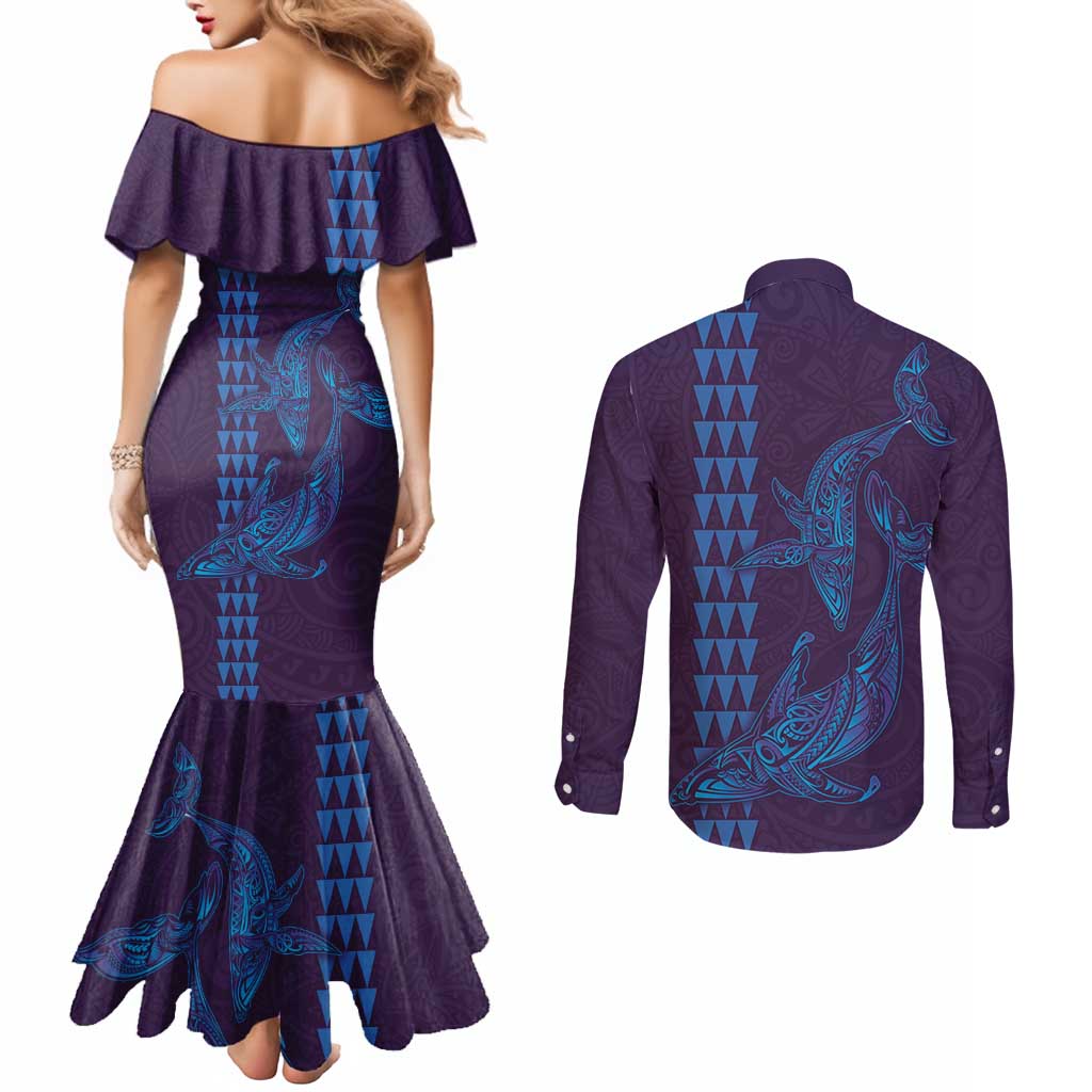 Aloha Hawaii Whale Kakau and Polynesian Tattoo Couples Matching Mermaid Dress and Long Sleeve Button Shirt Purple Color