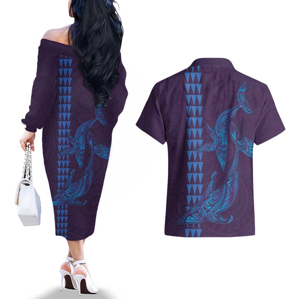 Aloha Hawaii Whale Kakau and Polynesian Tattoo Couples Matching Off The Shoulder Long Sleeve Dress and Hawaiian Shirt Purple Color