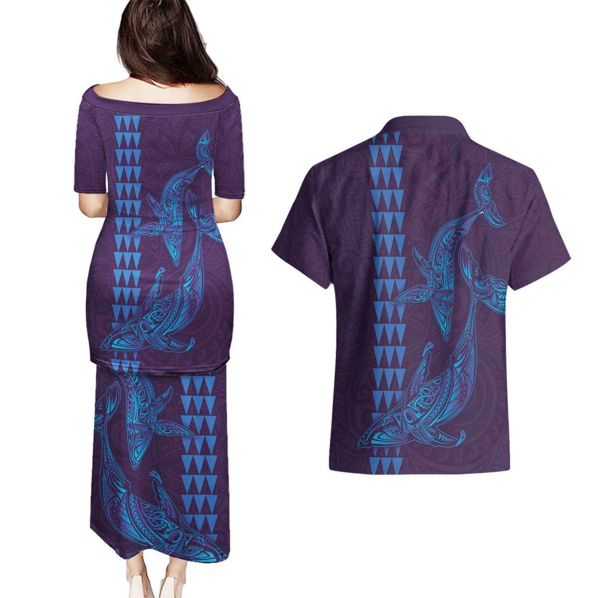 Aloha Hawaii Whale Kakau and Polynesian Tattoo Couples Matching Puletasi and Hawaiian Shirt Purple Color