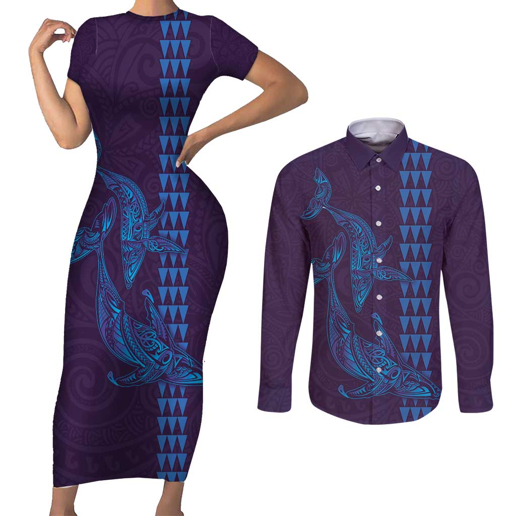 Aloha Hawaii Whale Kakau and Polynesian Tattoo Couples Matching Short Sleeve Bodycon Dress and Long Sleeve Button Shirt Purple Color LT03 Purple - Polynesian Pride