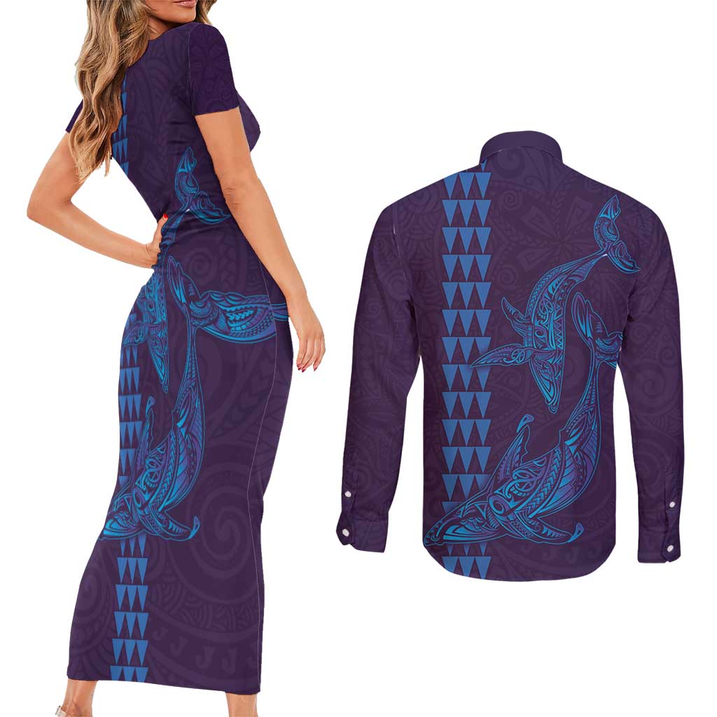 Aloha Hawaii Whale Kakau and Polynesian Tattoo Couples Matching Short Sleeve Bodycon Dress and Long Sleeve Button Shirt Purple Color LT03 - Polynesian Pride
