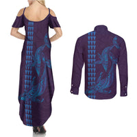 Aloha Hawaii Whale Kakau and Polynesian Tattoo Couples Matching Summer Maxi Dress and Long Sleeve Button Shirt Purple Color