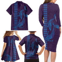 Aloha Hawaii Whale Kakau and Polynesian Tattoo Family Matching Long Sleeve Bodycon Dress and Hawaiian Shirt Purple Color LT03 - Polynesian Pride