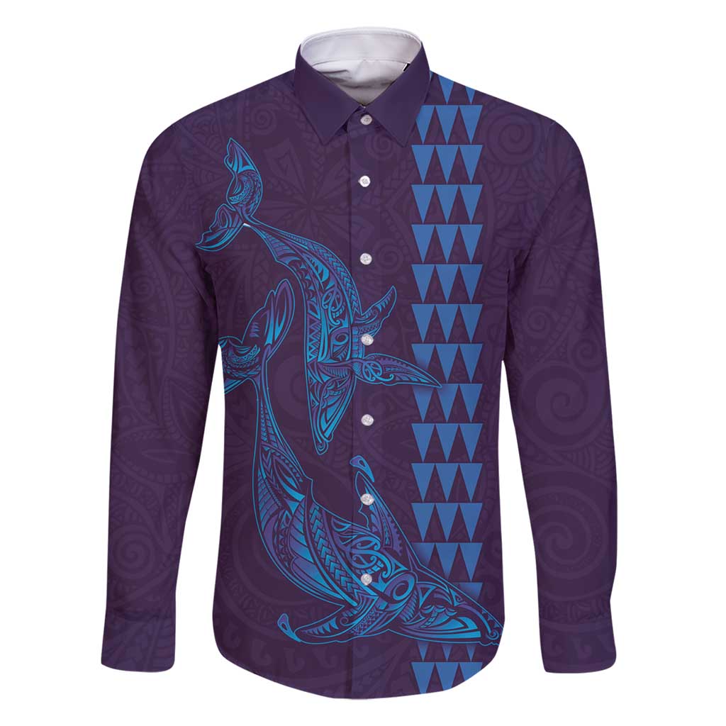 Aloha Hawaii Whale Kakau and Polynesian Tattoo Family Matching Long Sleeve Bodycon Dress and Hawaiian Shirt Purple Color LT03 Dad's Shirt - Long Sleeve Purple - Polynesian Pride