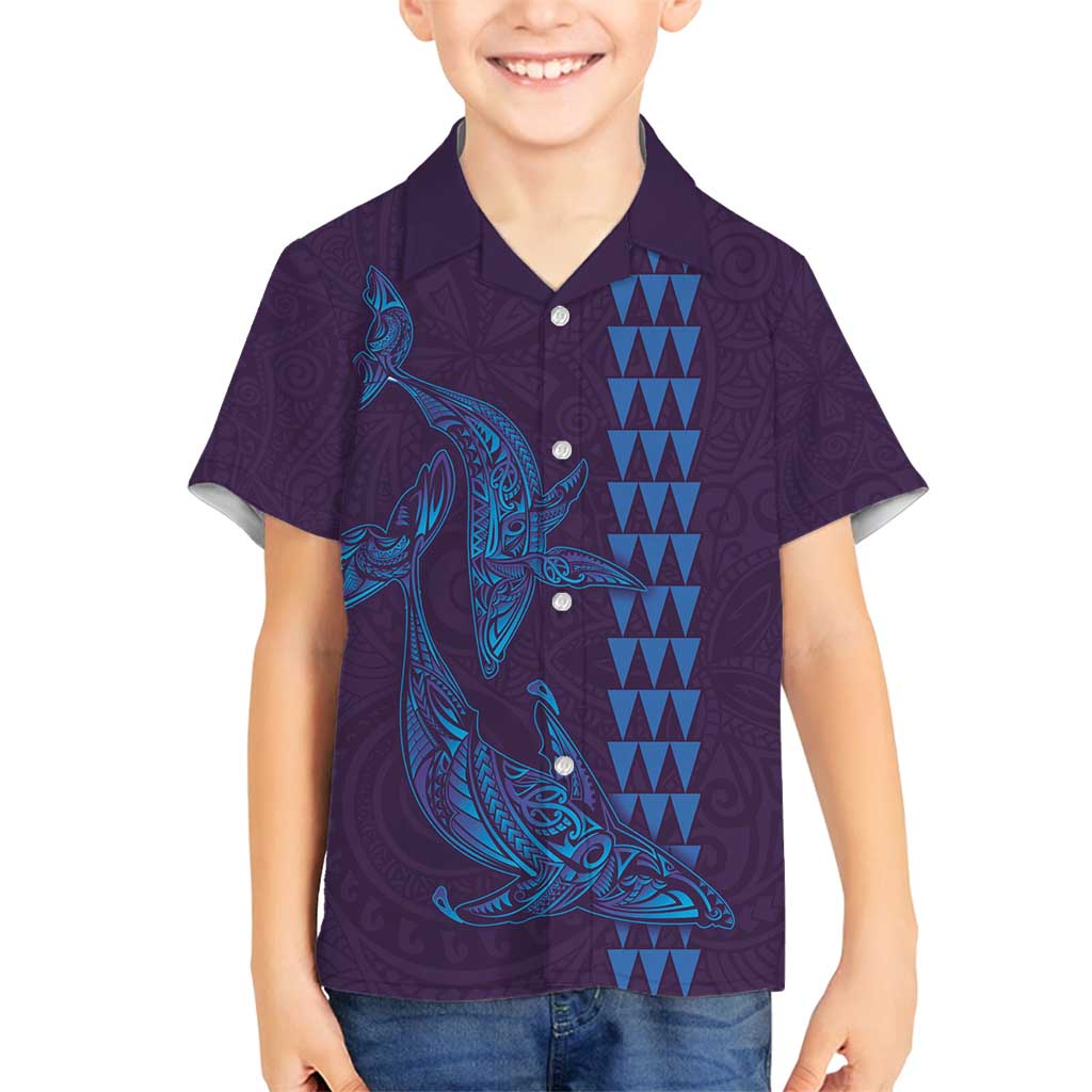 Aloha Hawaii Whale Kakau and Polynesian Tattoo Family Matching Long Sleeve Bodycon Dress and Hawaiian Shirt Purple Color LT03 Son's Shirt Purple - Polynesian Pride