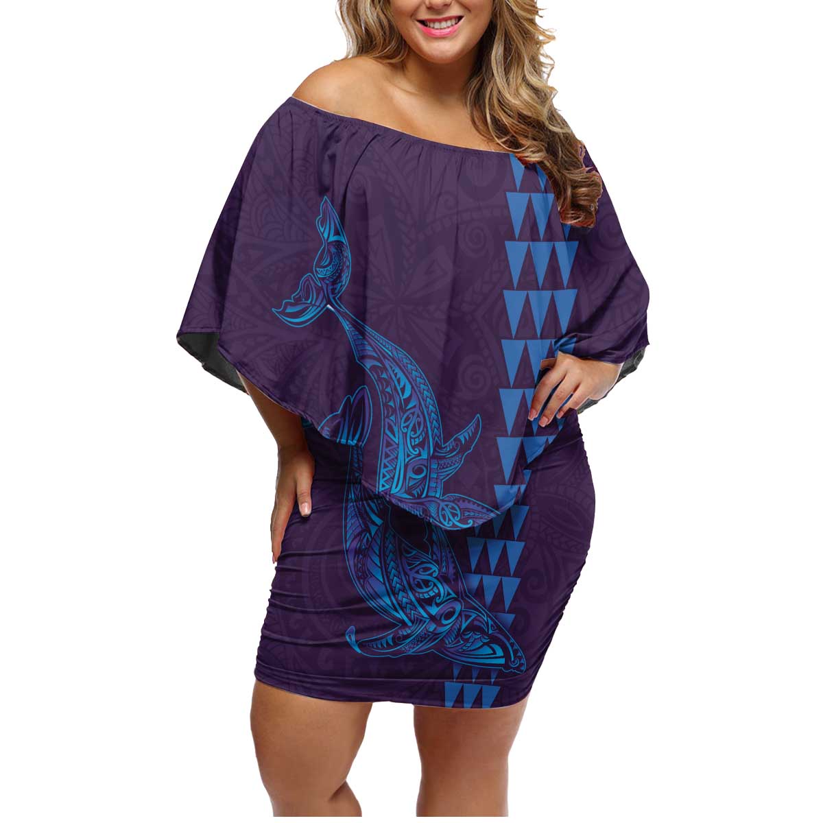 Aloha Hawaii Whale Kakau and Polynesian Tattoo Family Matching Off Shoulder Short Dress and Hawaiian Shirt Purple Color LT03 Mom's Dress Purple - Polynesian Pride