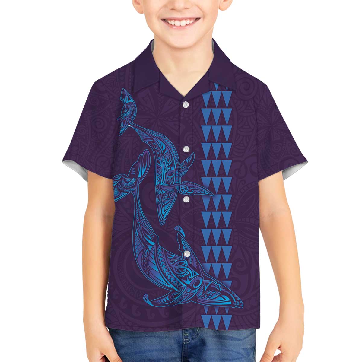 Aloha Hawaii Whale Kakau and Polynesian Tattoo Family Matching Off Shoulder Short Dress and Hawaiian Shirt Purple Color LT03 Son's Shirt Purple - Polynesian Pride