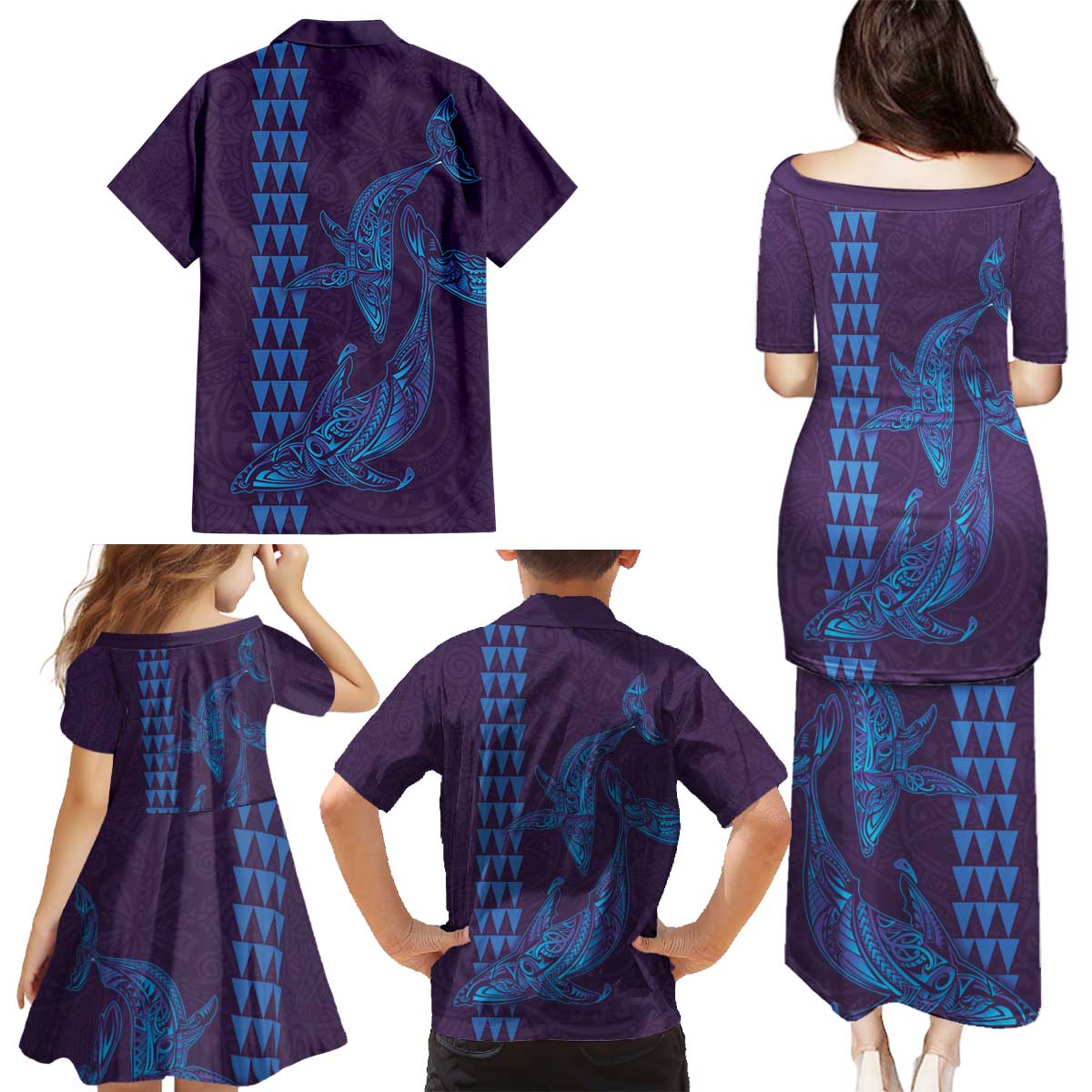 Aloha Hawaii Whale Kakau and Polynesian Tattoo Family Matching Puletasi and Hawaiian Shirt Purple Color LT03 - Polynesian Pride