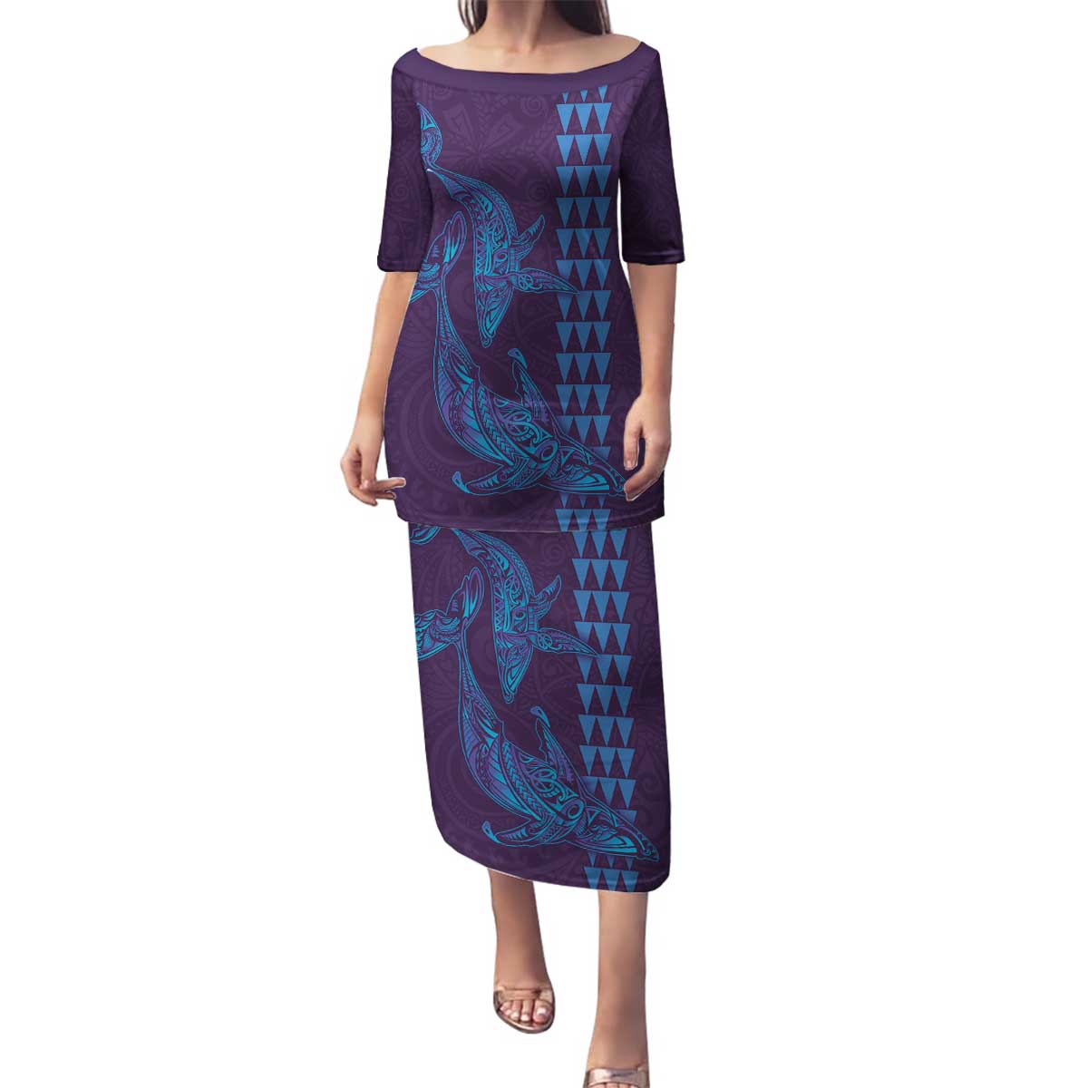 Aloha Hawaii Whale Kakau and Polynesian Tattoo Family Matching Puletasi and Hawaiian Shirt Purple Color LT03 Mom's Dress Purple - Polynesian Pride