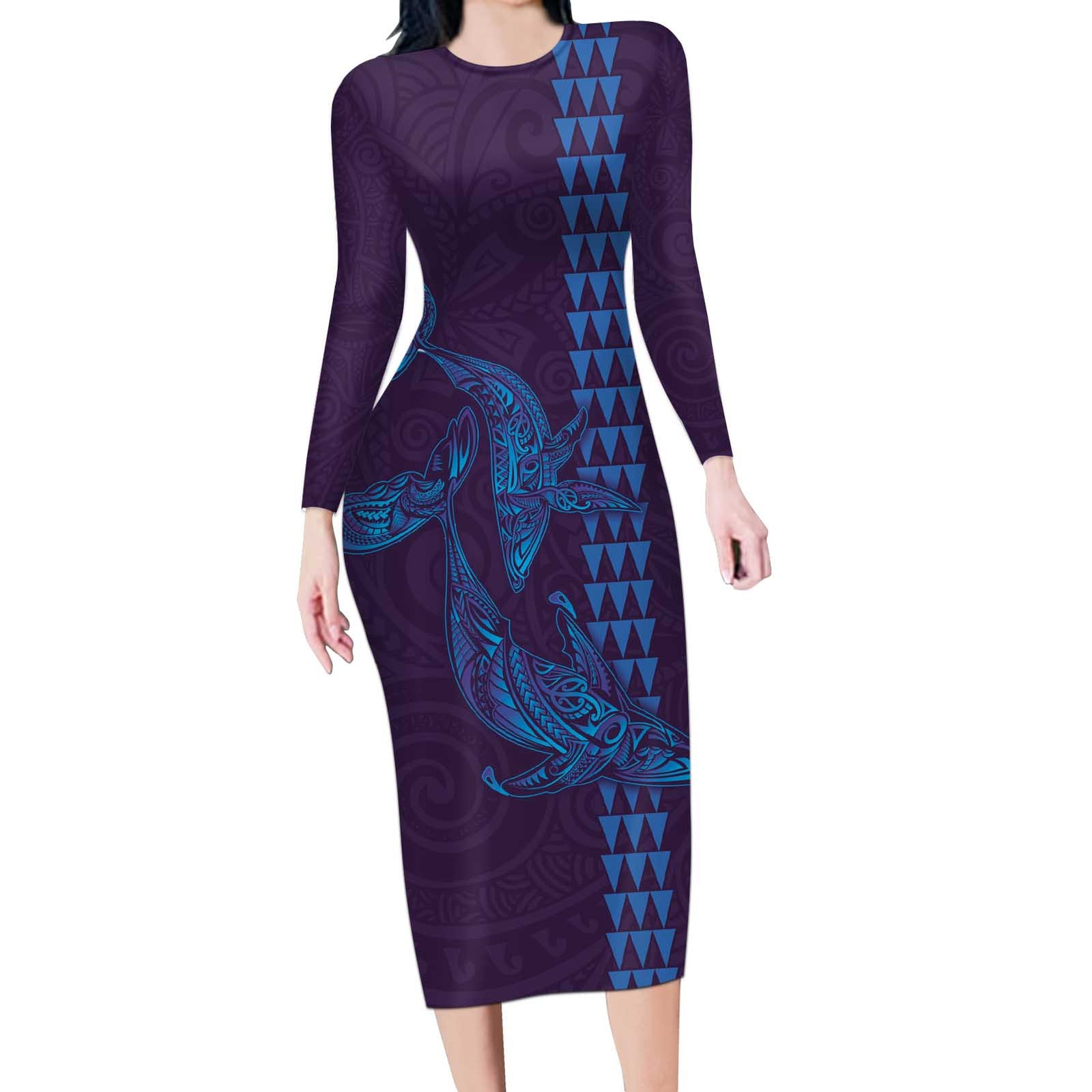 Aloha Hawaii Whale Kakau and Polynesian Tattoo Long Sleeve Bodycon Dress Purple Color