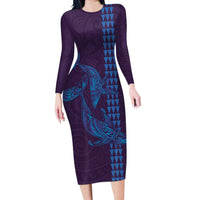 Aloha Hawaii Whale Kakau and Polynesian Tattoo Long Sleeve Bodycon Dress Purple Color