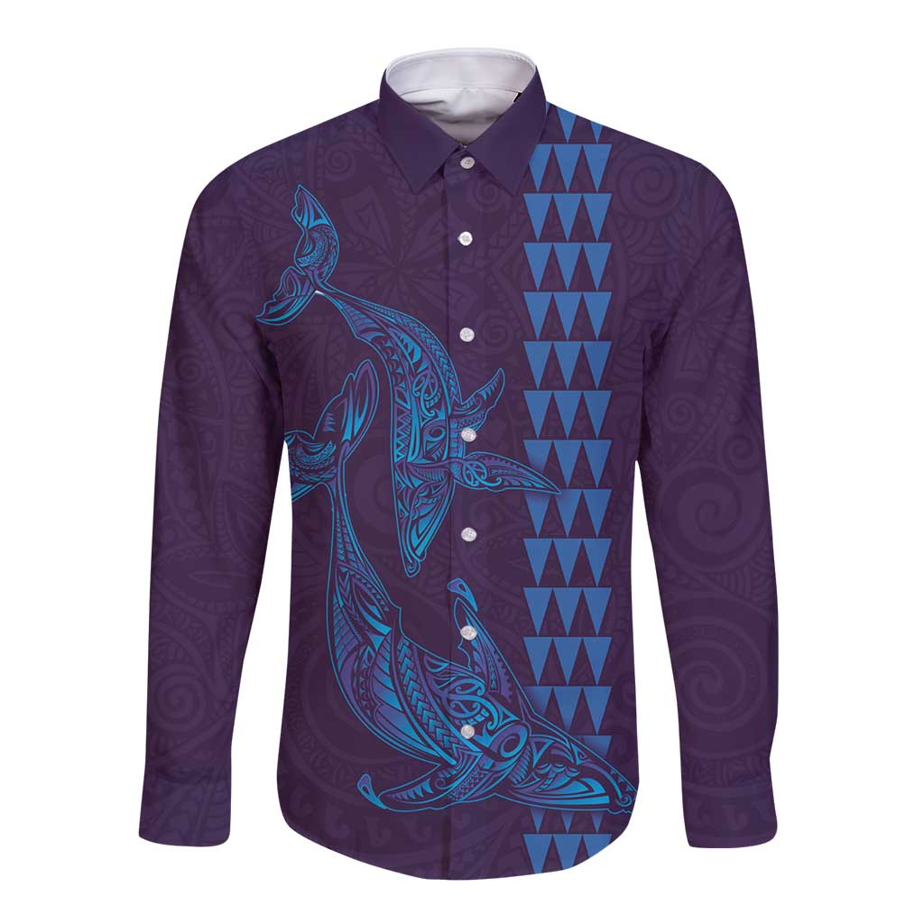Aloha Hawaii Whale Kakau and Polynesian Tattoo Long Sleeve Button Shirt Purple Color LT03 Unisex Purple - Polynesian Pride
