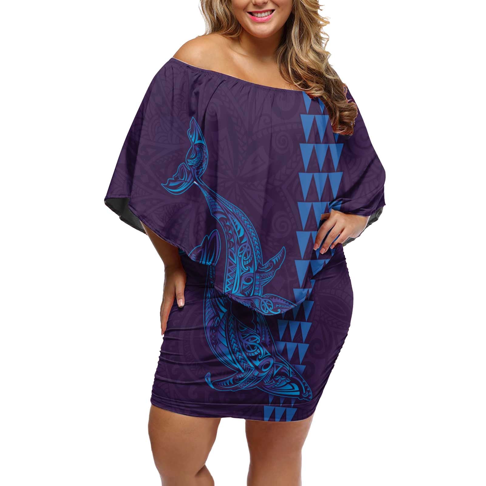 Aloha Hawaii Whale Kakau and Polynesian Tattoo Off Shoulder Short Dress Purple Color