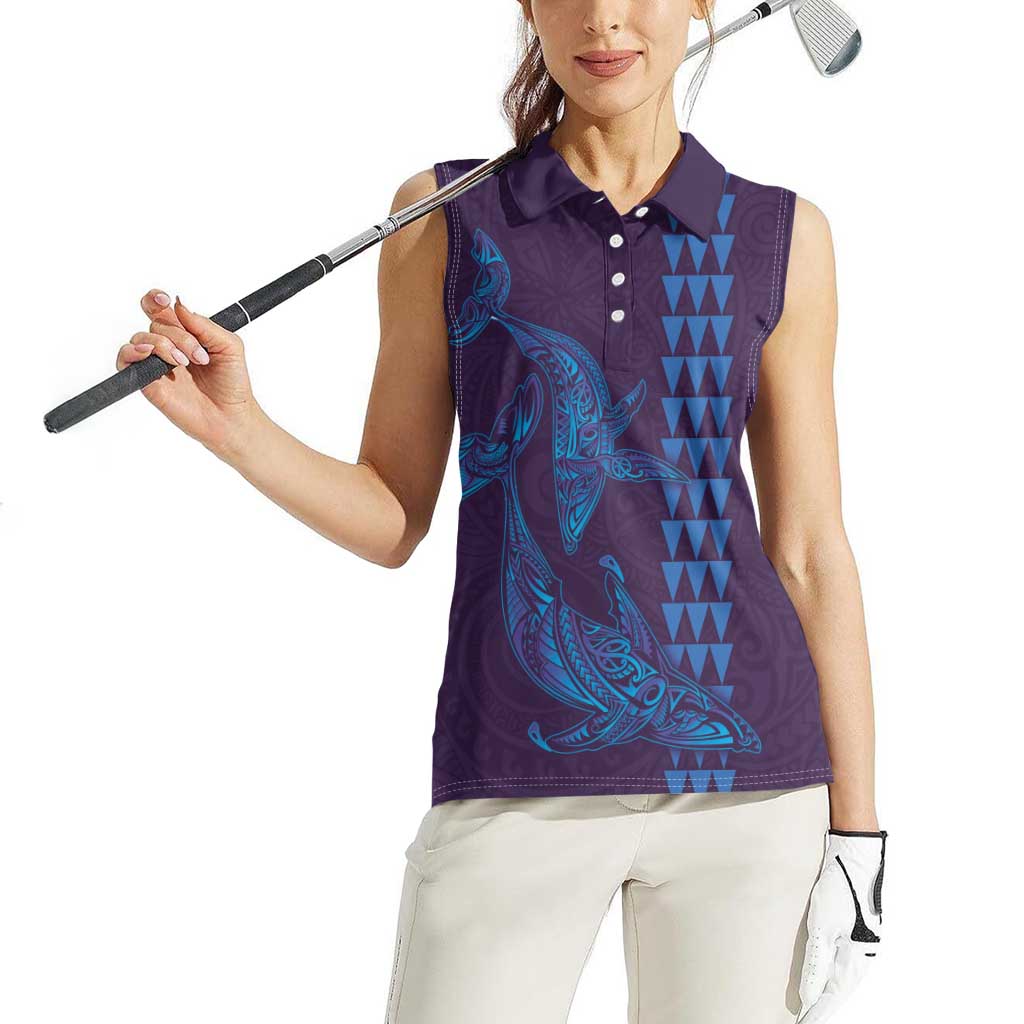 Aloha Hawaii Whale Kakau and Polynesian Tattoo Women Sleeveless Polo Shirt Purple Color