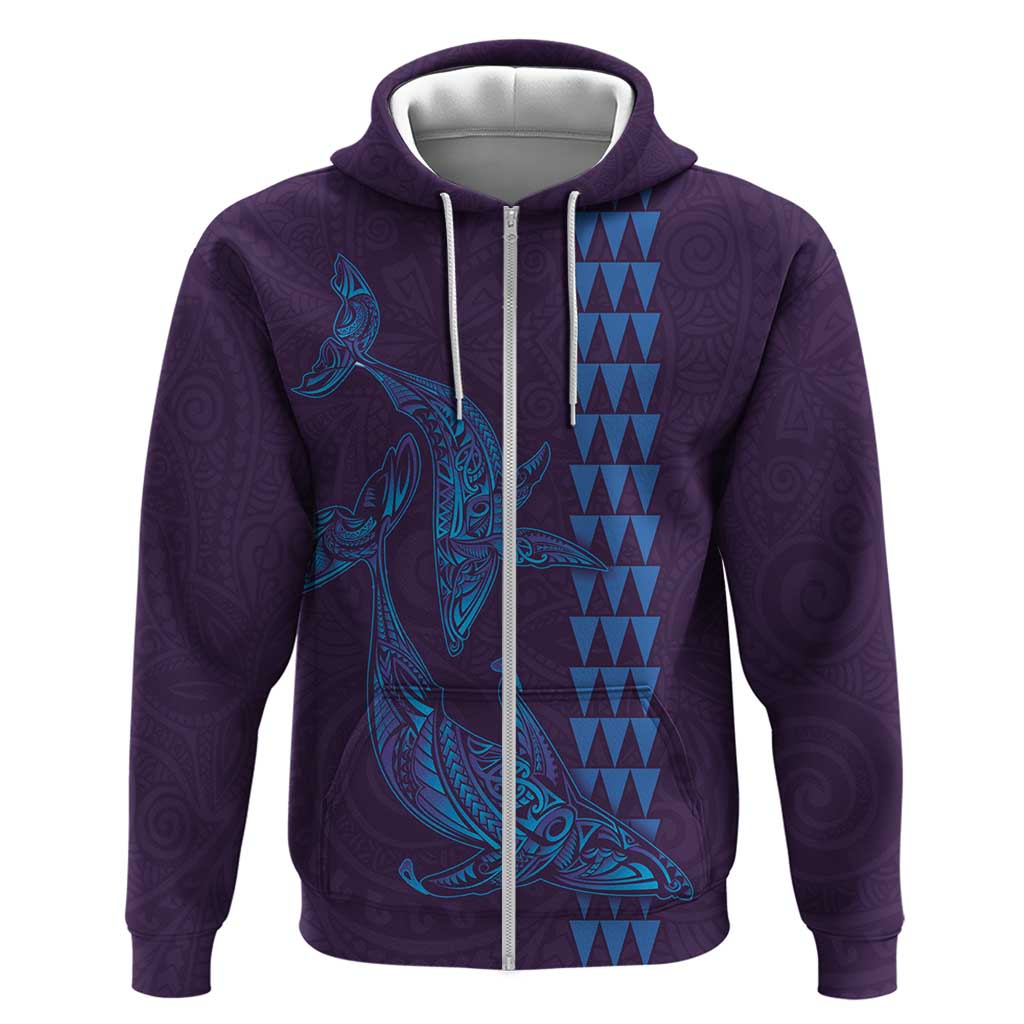 Aloha Hawaii Whale Kakau and Polynesian Tattoo Zip Hoodie Purple Color