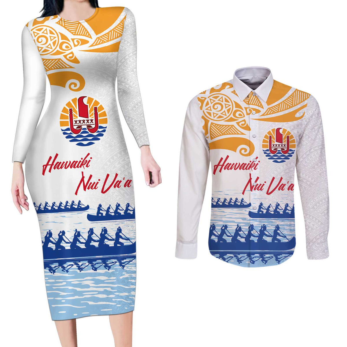 Personalised Hawaiki Nui Va'a French Polynesian Pattern Couples Matching Long Sleeve Bodycon Dress and Long Sleeve Button Shirt White Color LT03 White - Polynesian Pride