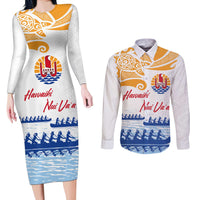 Personalised Hawaiki Nui Va'a French Polynesian Pattern Couples Matching Long Sleeve Bodycon Dress and Long Sleeve Button Shirt White Color LT03 White - Polynesian Pride