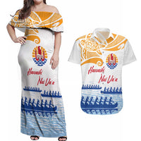 Personalised Hawaiki Nui Va'a French Polynesian Pattern Couples Matching Off Shoulder Maxi Dress and Hawaiian Shirt White Color LT03 White - Polynesian Pride
