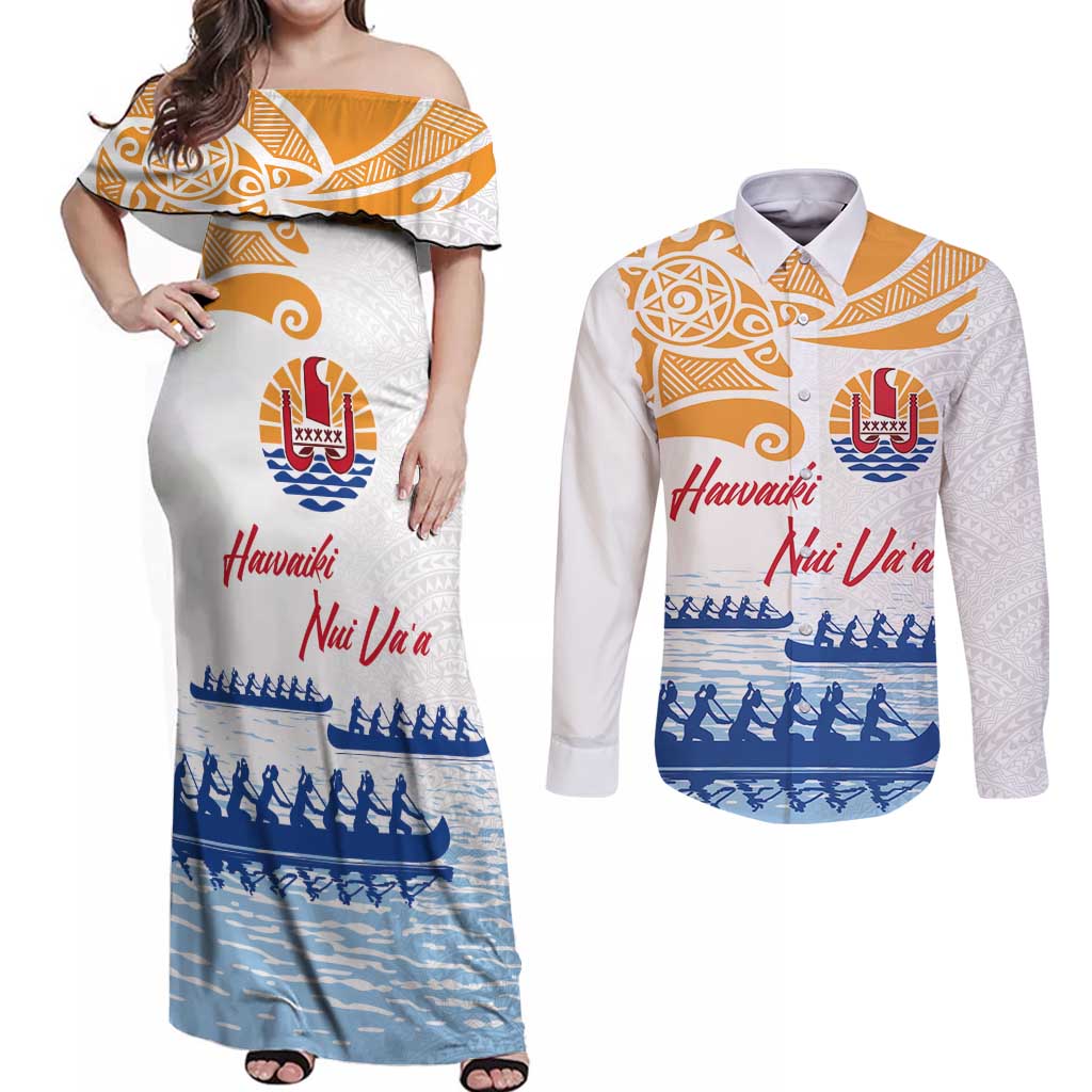 Personalised Hawaiki Nui Va'a French Polynesian Pattern Couples Matching Off Shoulder Maxi Dress and Long Sleeve Button Shirt White Color LT03 White - Polynesian Pride