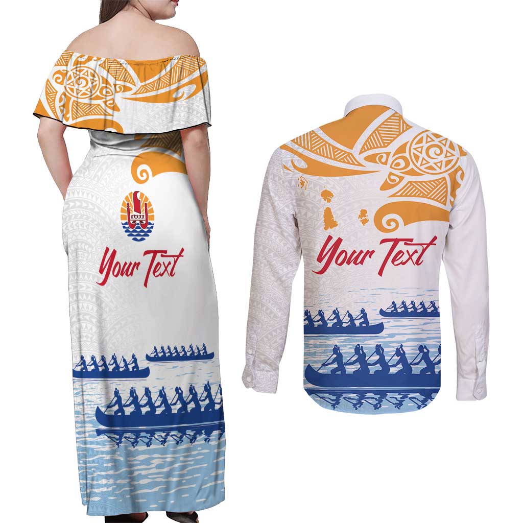 Personalised Hawaiki Nui Va'a French Polynesian Pattern Couples Matching Off Shoulder Maxi Dress and Long Sleeve Button Shirt White Color LT03 - Polynesian Pride