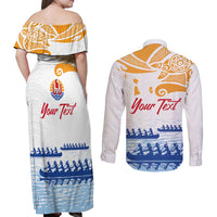 Personalised Hawaiki Nui Va'a French Polynesian Pattern Couples Matching Off Shoulder Maxi Dress and Long Sleeve Button Shirt White Color LT03 - Polynesian Pride