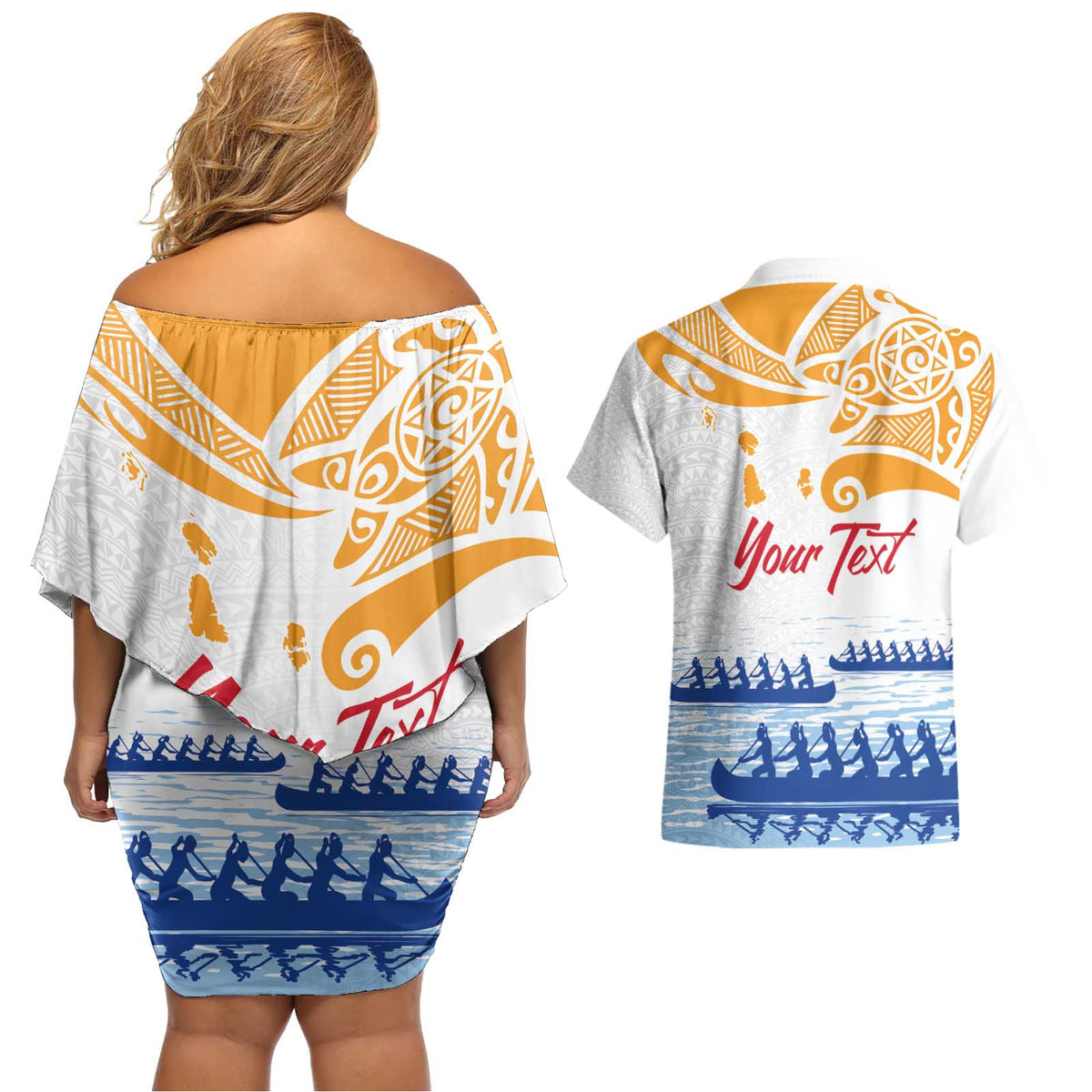 Personalised Hawaiki Nui Va'a French Polynesian Pattern Couples Matching Off Shoulder Short Dress and Hawaiian Shirt White Color LT03 - Polynesian Pride
