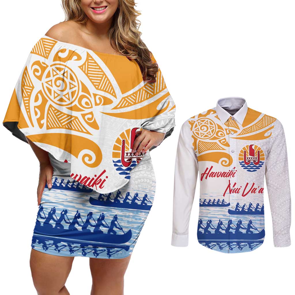 Personalised Hawaiki Nui Va'a French Polynesian Pattern Couples Matching Off Shoulder Short Dress and Long Sleeve Button Shirt White Color LT03 White - Polynesian Pride
