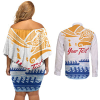 Personalised Hawaiki Nui Va'a French Polynesian Pattern Couples Matching Off Shoulder Short Dress and Long Sleeve Button Shirt White Color LT03 - Polynesian Pride
