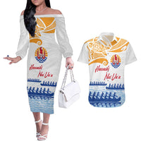 Personalised Hawaiki Nui Va'a French Polynesian Pattern Couples Matching Off The Shoulder Long Sleeve Dress and Hawaiian Shirt White Color LT03 White - Polynesian Pride