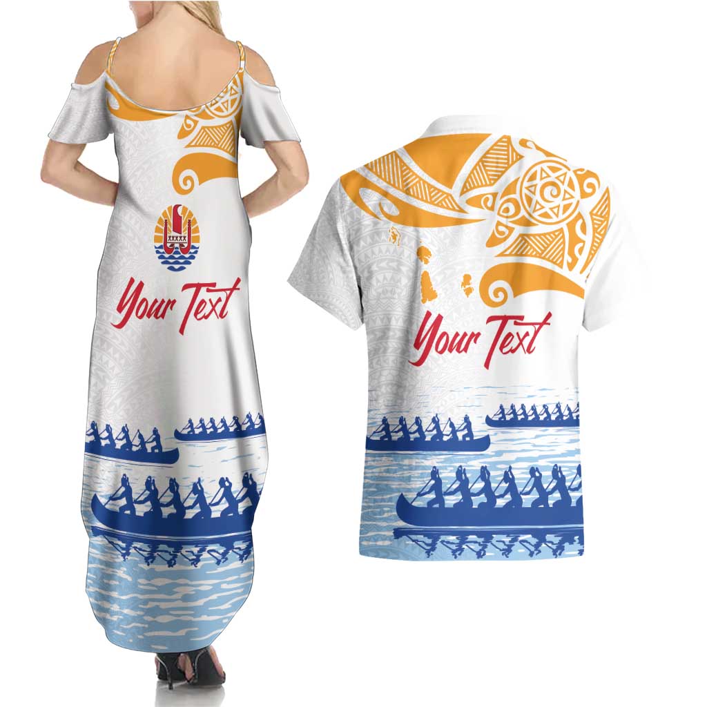 Personalised Hawaiki Nui Va'a French Polynesian Pattern Couples Matching Summer Maxi Dress and Hawaiian Shirt White Color LT03 - Polynesian Pride