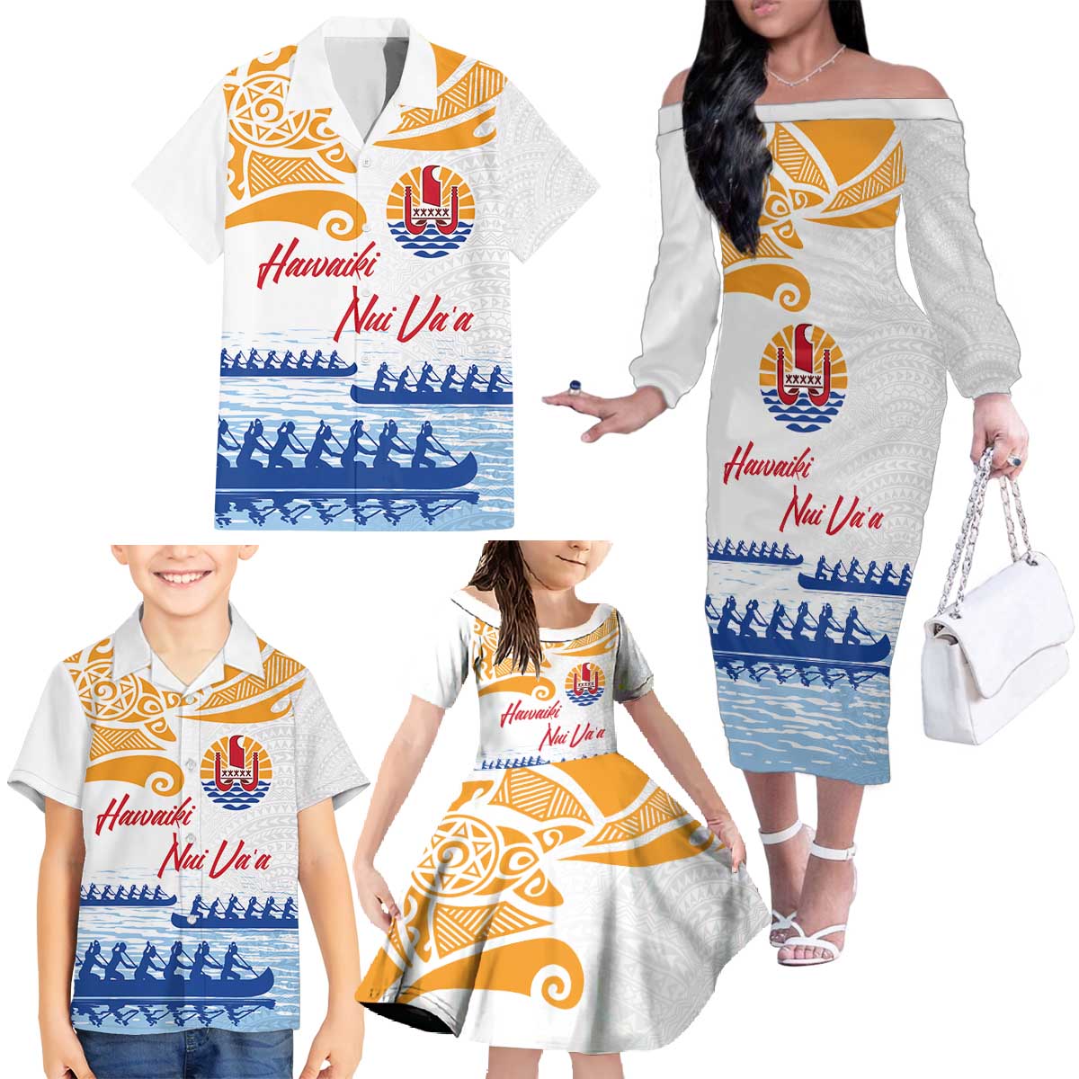 Personalised Hawaiki Nui Va'a French Polynesian Pattern Family Matching Off The Shoulder Long Sleeve Dress and Hawaiian Shirt White Color LT03 - Polynesian Pride