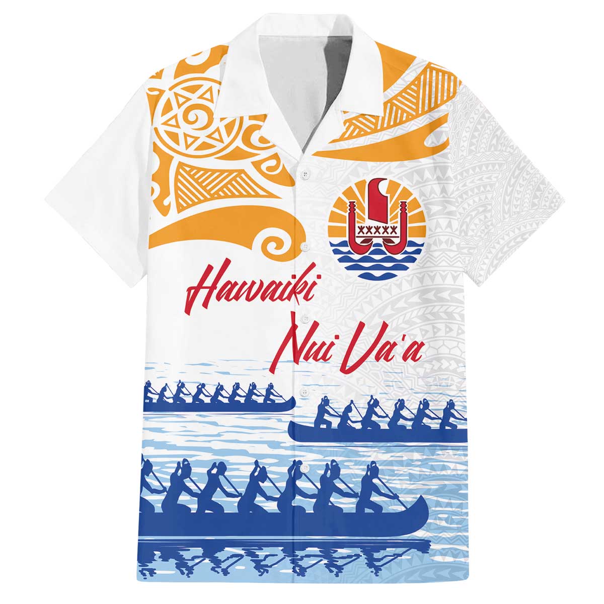 Personalised Hawaiki Nui Va'a French Polynesian Pattern Family Matching Off The Shoulder Long Sleeve Dress and Hawaiian Shirt White Color LT03 Dad's Shirt - Short Sleeve White - Polynesian Pride