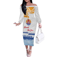 Personalised Hawaiki Nui Va'a French Polynesian Pattern Family Matching Off The Shoulder Long Sleeve Dress and Hawaiian Shirt White Color LT03 Mom's Dress White - Polynesian Pride