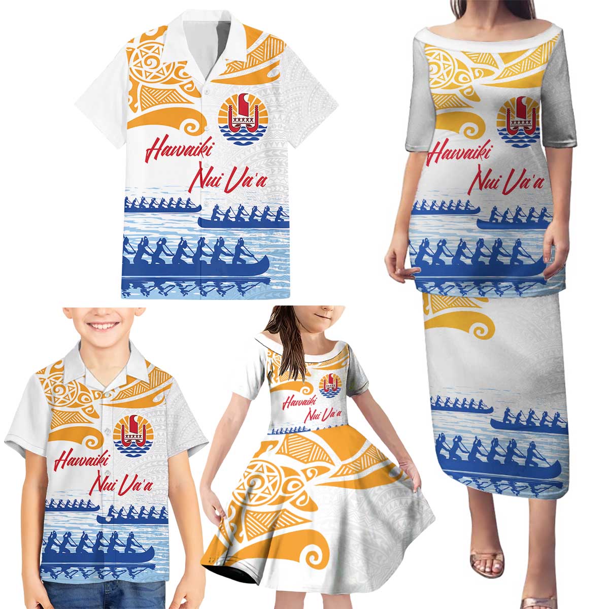 Personalised Hawaiki Nui Va'a French Polynesian Pattern Family Matching Puletasi and Hawaiian Shirt White Color LT03 - Polynesian Pride