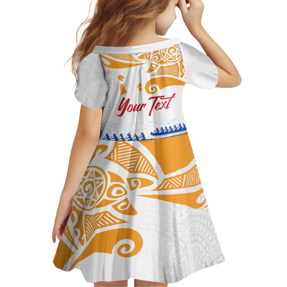 Personalised Hawaiki Nui Va'a French Polynesian Pattern Kid Short Sleeve Dress White Color LT03 - Polynesian Pride