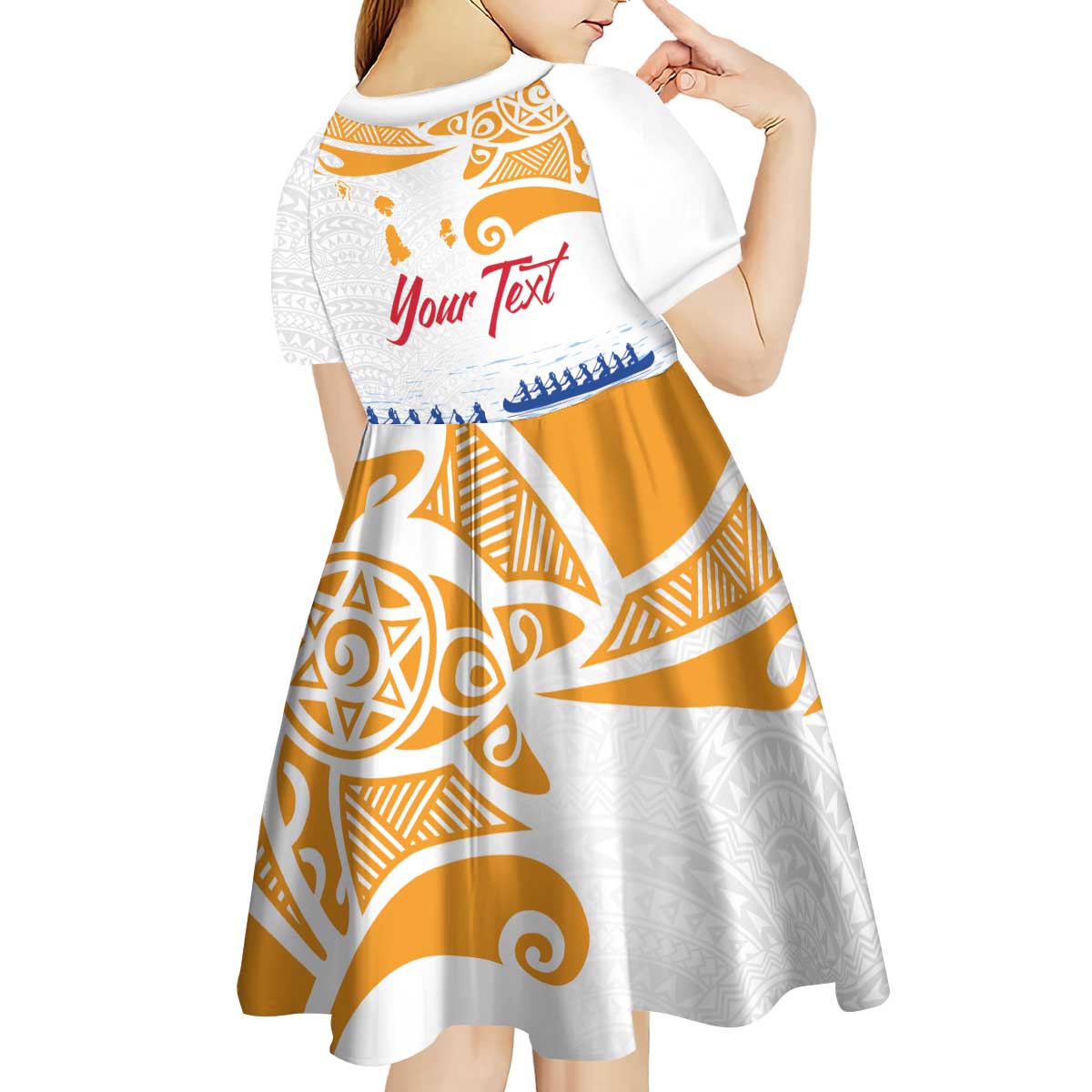 Personalised Hawaiki Nui Va'a French Polynesian Pattern Kid Short Sleeve Dress White Color LT03 - Polynesian Pride