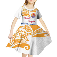 Personalised Hawaiki Nui Va'a French Polynesian Pattern Kid Short Sleeve Dress White Color LT03 - Polynesian Pride