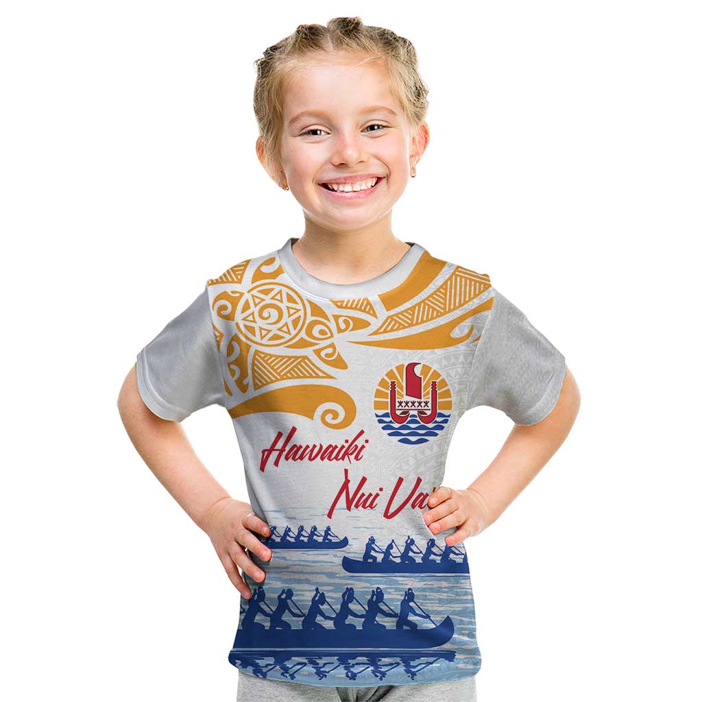 Personalised Hawaiki Nui Va'a French Polynesian Pattern Kid T Shirt White Color LT03 White - Polynesian Pride