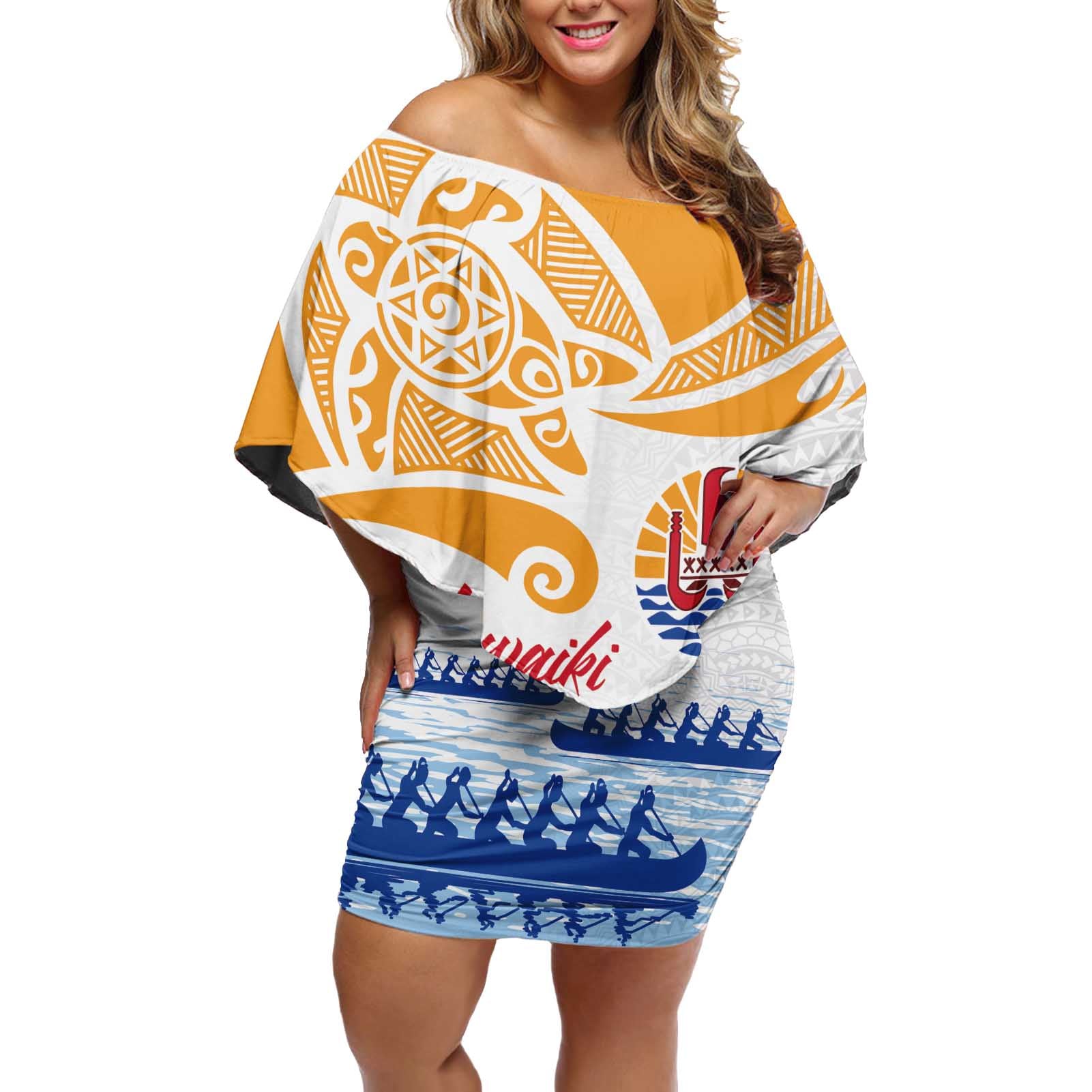 Personalised Hawaiki Nui Va'a French Polynesian Pattern Off Shoulder Short Dress White Color