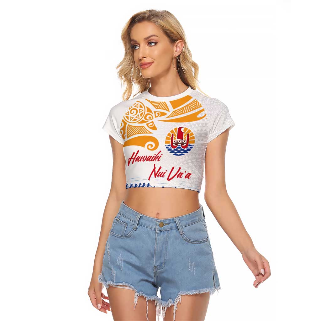 Personalised Hawaiki Nui Va'a French Polynesian Pattern Raglan Cropped T Shirt White Color LT03 Female White - Polynesian Pride