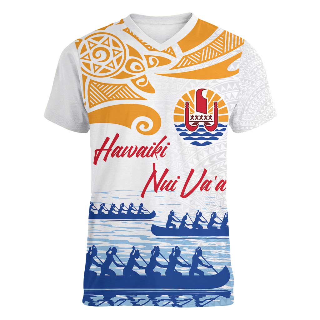Personalised Hawaiki Nui Va'a French Polynesian Pattern Women V-Neck T-Shirt White Color LT03 Female White - Polynesian Pride