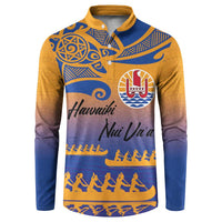 Personalised Hawaiki Nui Va'a French Polynesian Pattern Button Sweatshirt Sunset Color LT03 Yellow - Polynesian Pride